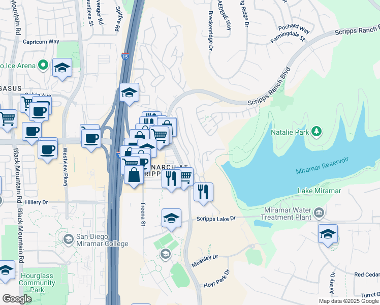 map of restaurants, bars, coffee shops, grocery stores, and more near 11033 Scripps Ranch Boulevard in San Diego
