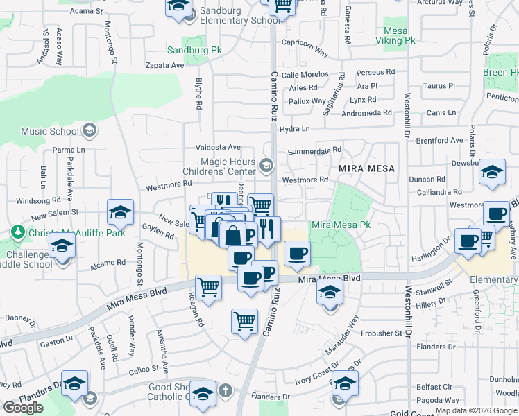 map of restaurants, bars, coffee shops, grocery stores, and more near 10837 Worthing Avenue in San Diego