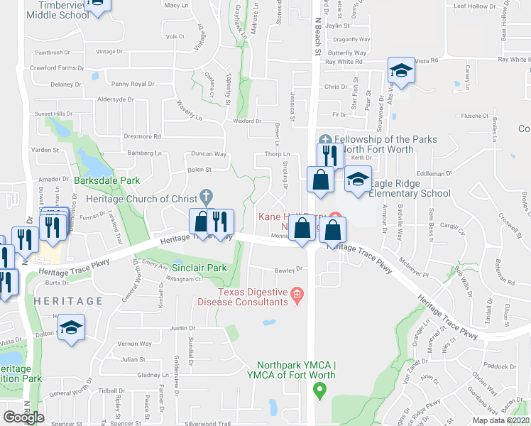 map of restaurants, bars, coffee shops, grocery stores, and more near 9729 Stripling Drive in Fort Worth