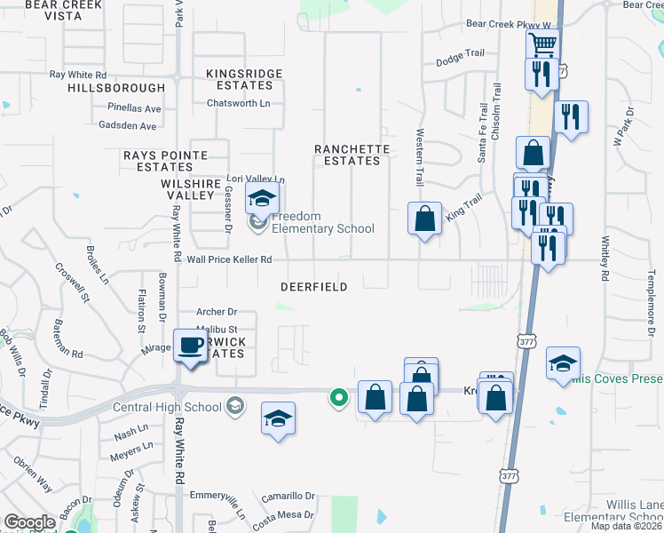 map of restaurants, bars, coffee shops, grocery stores, and more near 9700 Corral Drive in Keller