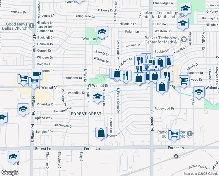 map of restaurants, bars, coffee shops, grocery stores, and more near 3820 West Walnut Street in Garland