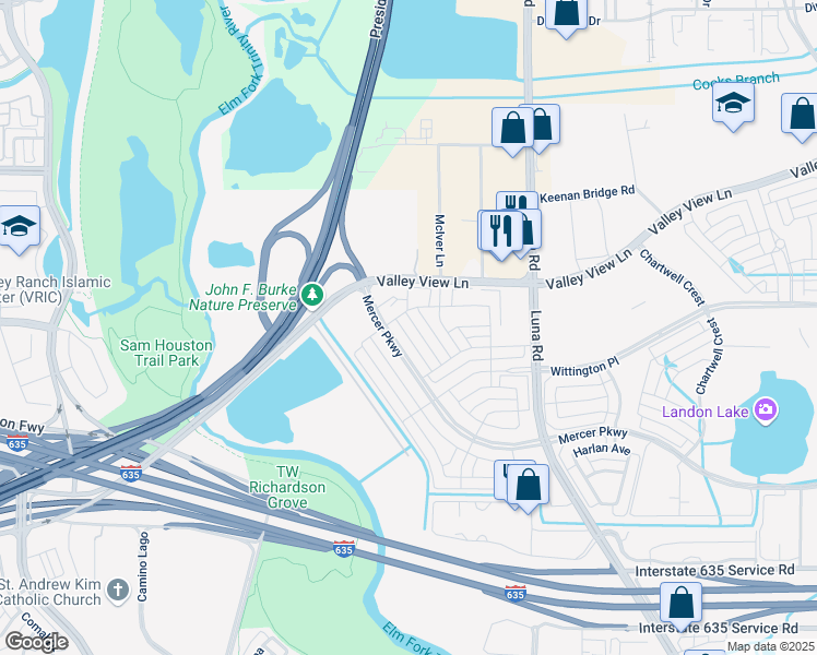 map of restaurants, bars, coffee shops, grocery stores, and more near 12766 Mercer Parkway in Farmers Branch