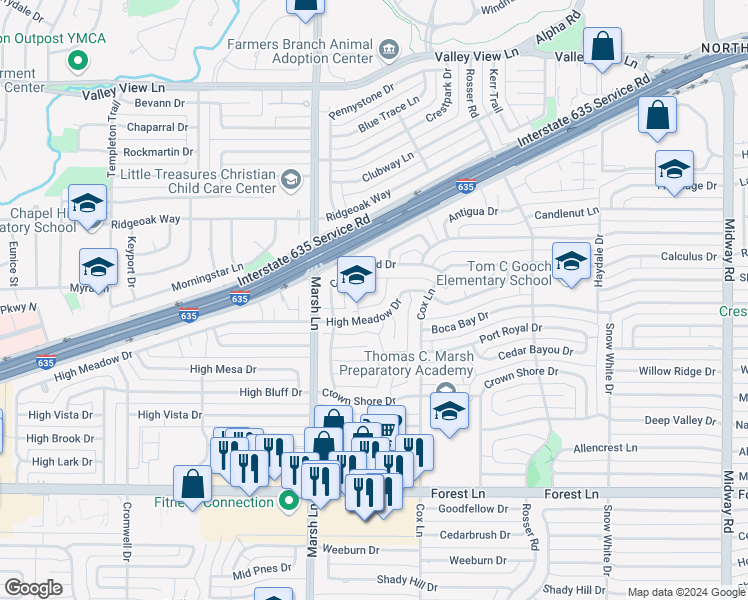 map of restaurants, bars, coffee shops, grocery stores, and more near 12340 Band Box Place in Dallas