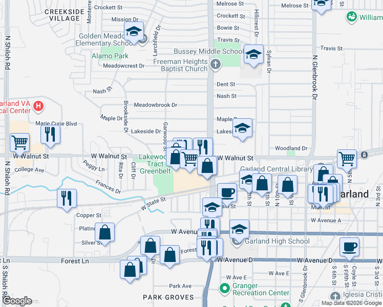 map of restaurants, bars, coffee shops, grocery stores, and more near 1424 West Walnut Street in Garland