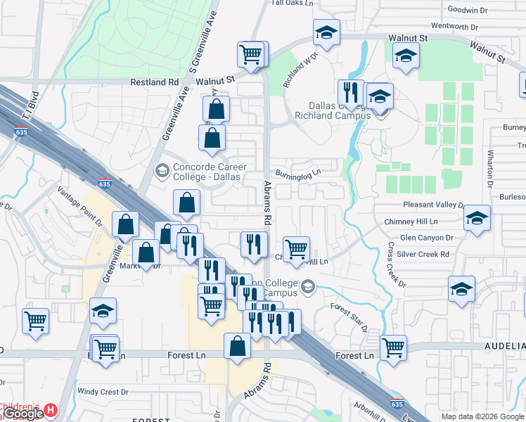 map of restaurants, bars, coffee shops, grocery stores, and more near 2 Abrams Road in Dallas