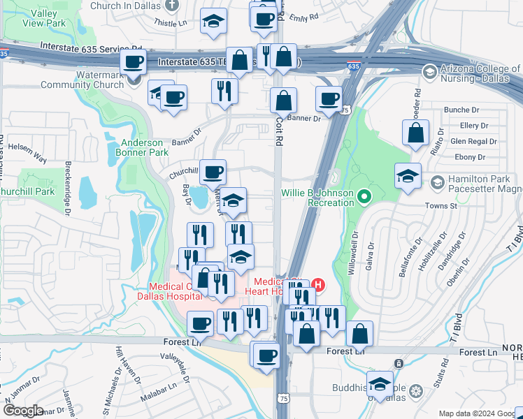 map of restaurants, bars, coffee shops, grocery stores, and more near 12271 Coit Road in Dallas
