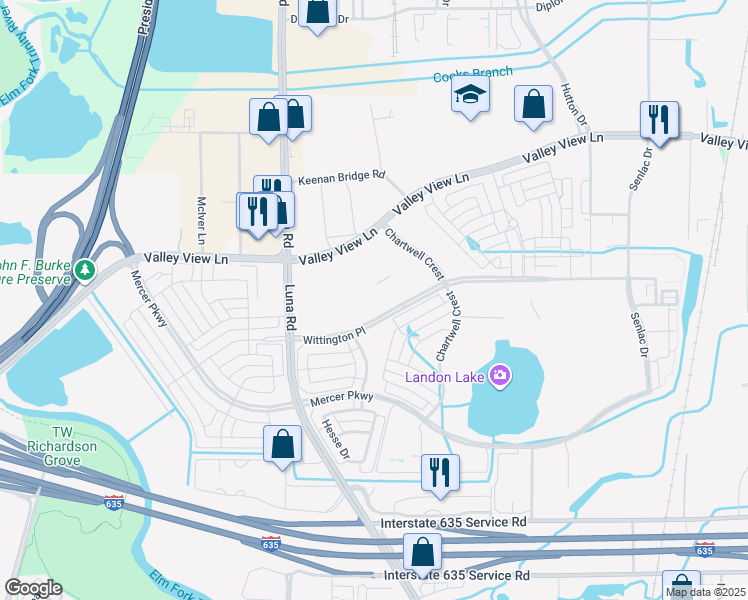 map of restaurants, bars, coffee shops, grocery stores, and more near 1735 Wittington Place in Farmers Branch