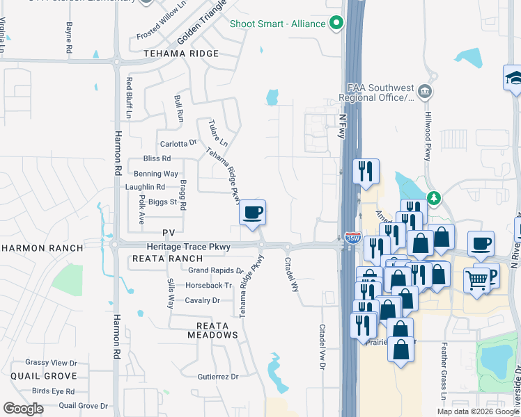 map of restaurants, bars, coffee shops, grocery stores, and more near 2509 Tehama Court in Fort Worth
