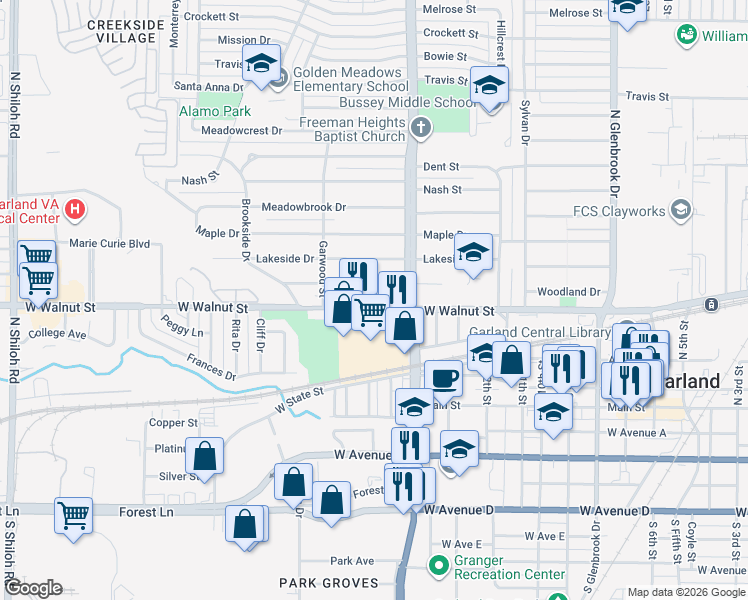 map of restaurants, bars, coffee shops, grocery stores, and more near 1424 West Walnut Street in Garland