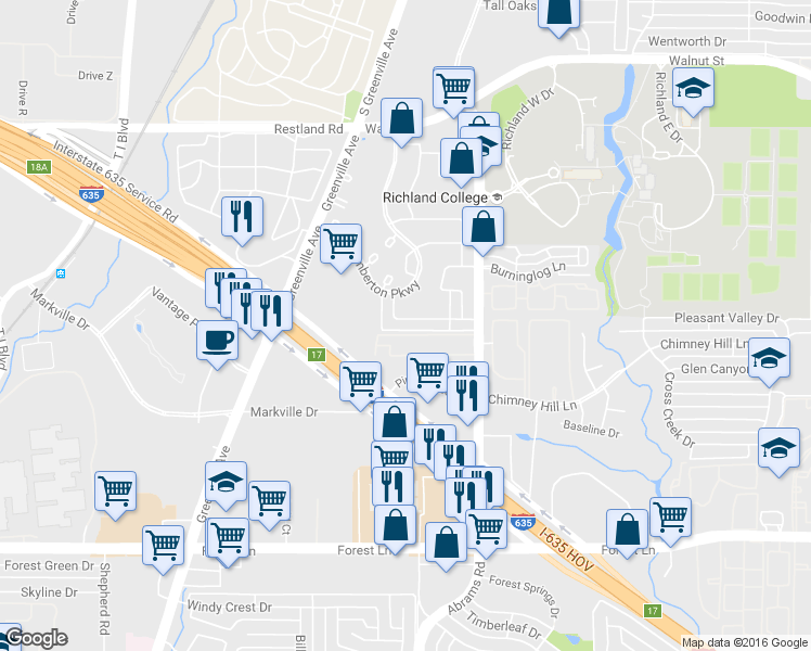 map of restaurants, bars, coffee shops, grocery stores, and more near 9138 Emberglow Lane in Dallas