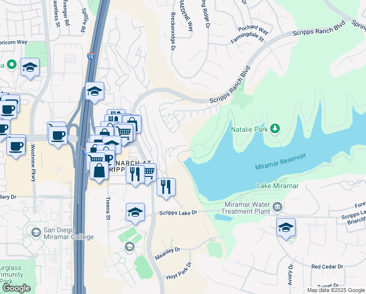 map of restaurants, bars, coffee shops, grocery stores, and more near 10895 Scripps Ranch Boulevard in San Diego