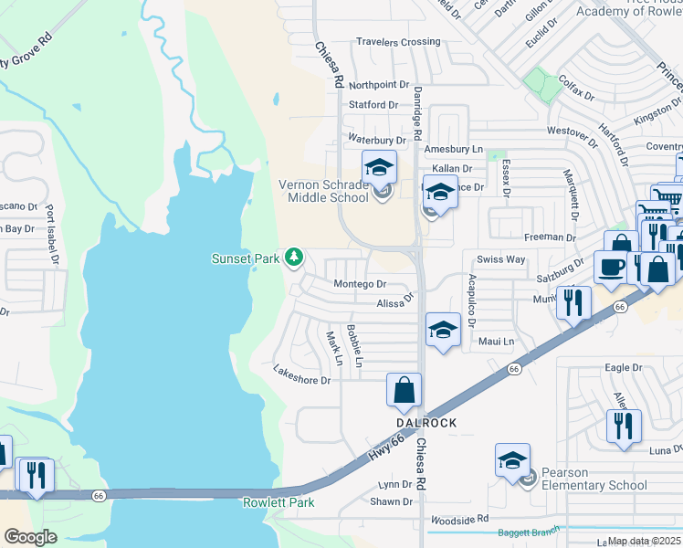 map of restaurants, bars, coffee shops, grocery stores, and more near 6305 Waterview Drive in Rowlett