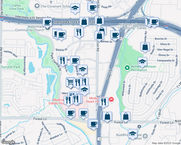 map of restaurants, bars, coffee shops, grocery stores, and more near 12271 Coit Road in Dallas