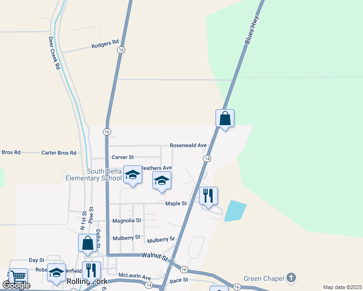 map of restaurants, bars, coffee shops, grocery stores, and more near 401 Rosenwald Avenue in Rolling Fork