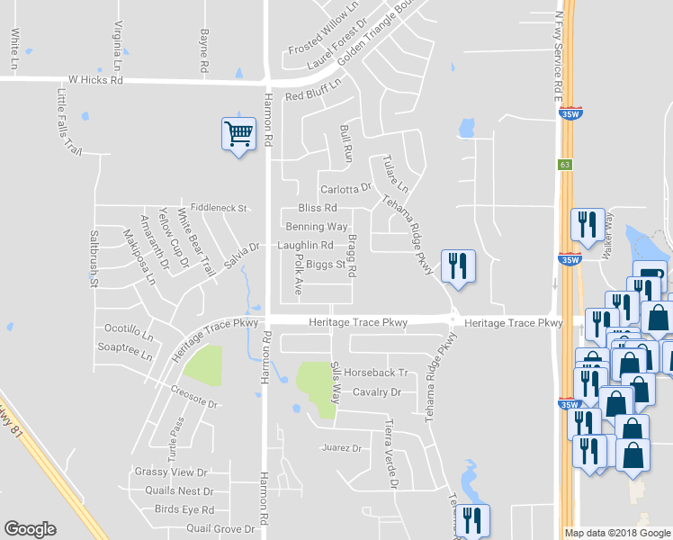 map of restaurants, bars, coffee shops, grocery stores, and more near 2140 Biggs Street in Fort Worth