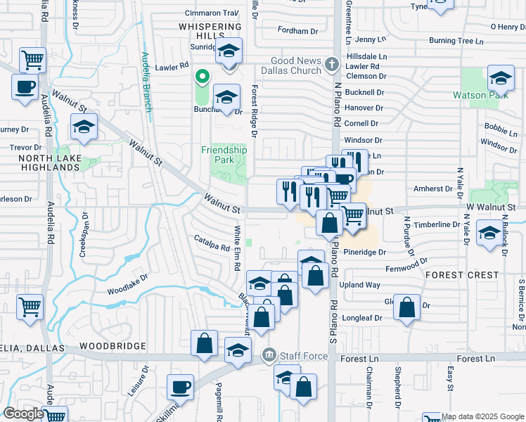 map of restaurants, bars, coffee shops, grocery stores, and more near 10442 Las Brisas Drive in Dallas