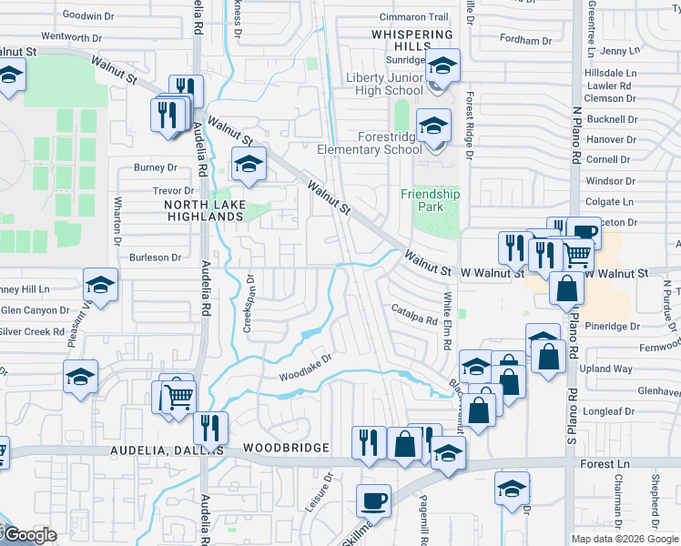 map of restaurants, bars, coffee shops, grocery stores, and more near 10104 Shadow Way in Dallas