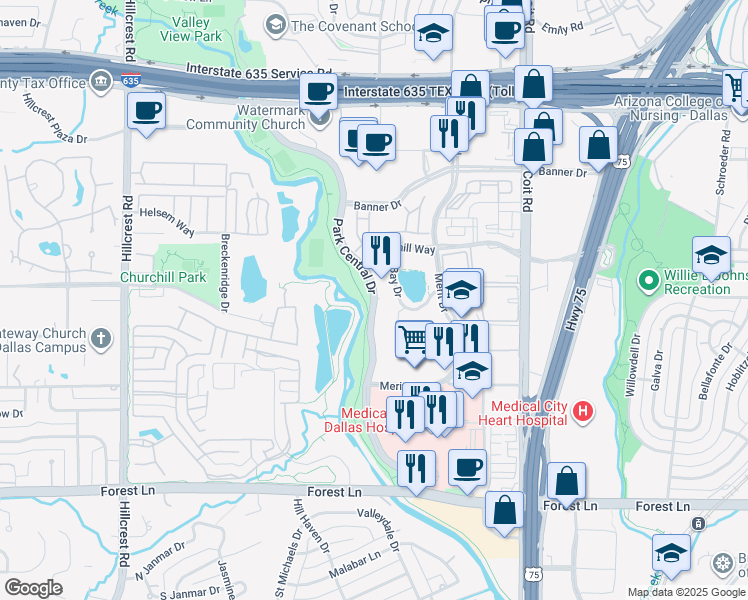 map of restaurants, bars, coffee shops, grocery stores, and more near 12302 Park Central Dr in Dallas
