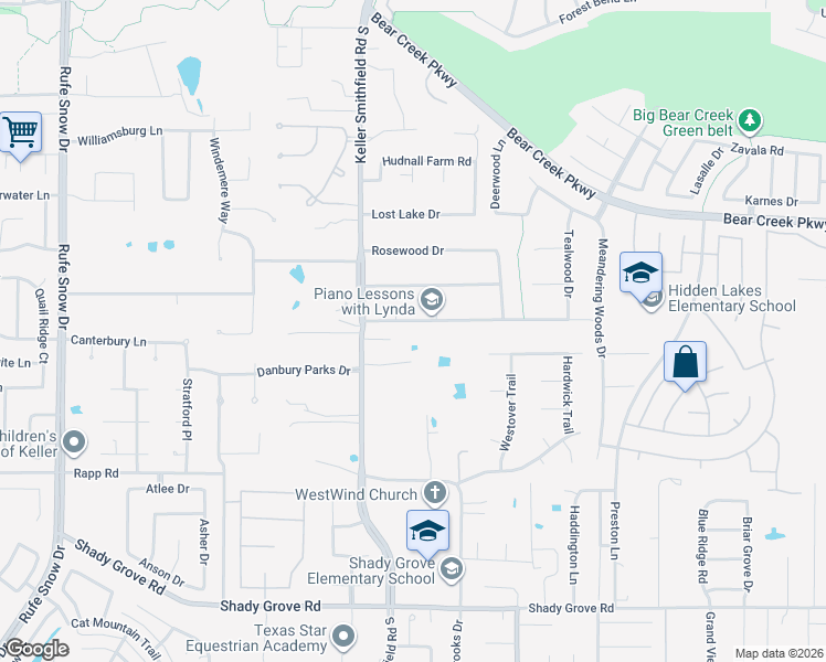 map of restaurants, bars, coffee shops, grocery stores, and more near 1512 Brentwood Trail in Keller