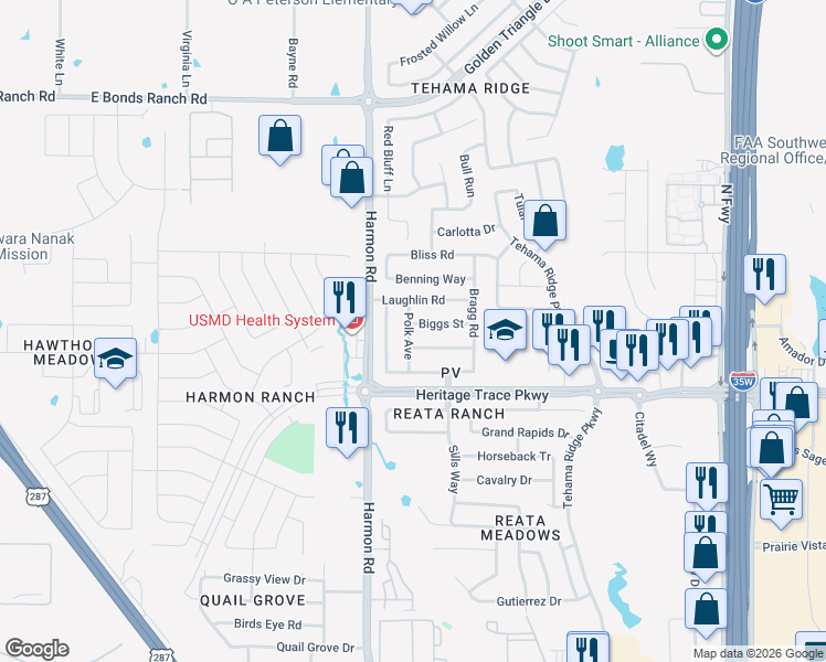 map of restaurants, bars, coffee shops, grocery stores, and more near 9620 Manassas Road in Fort Worth