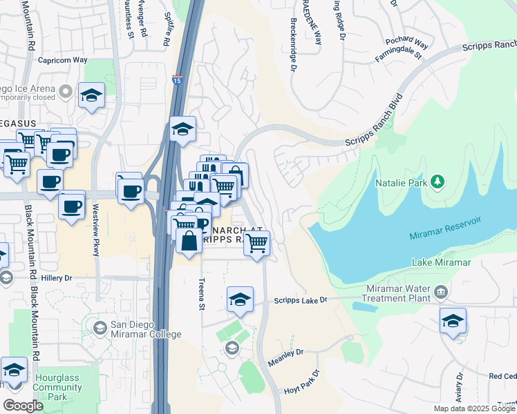 map of restaurants, bars, coffee shops, grocery stores, and more near 11061 Scripps Ranch Boulevard in San Diego