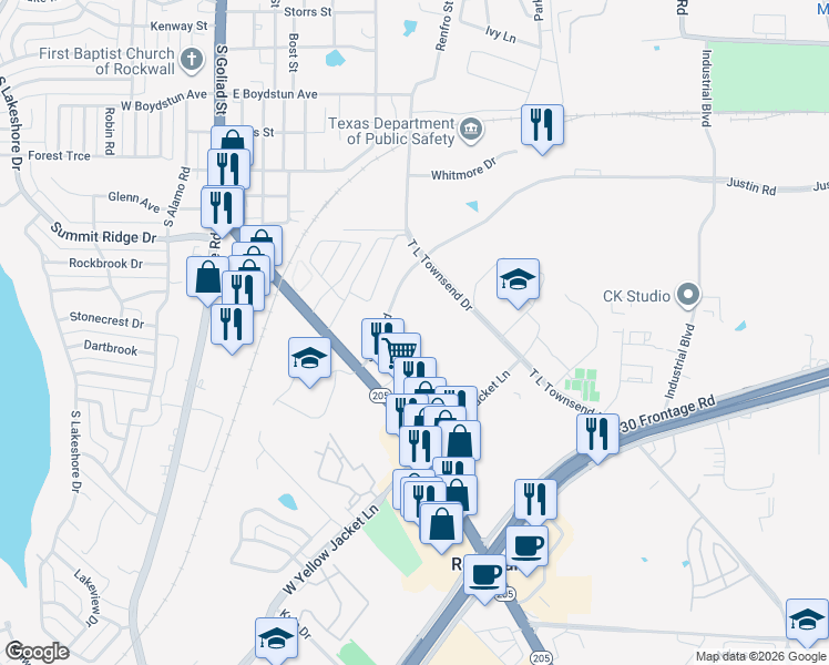 map of restaurants, bars, coffee shops, grocery stores, and more near 1196 T L Townsend Drive in Rockwall