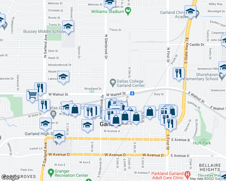 map of restaurants, bars, coffee shops, grocery stores, and more near 675 West Walnut Street in Garland