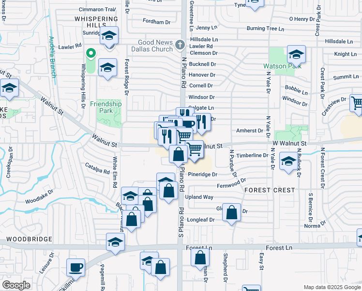 map of restaurants, bars, coffee shops, grocery stores, and more near Plano Rd & Walnut St in Dallas