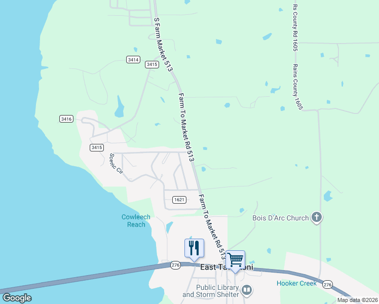 map of restaurants, bars, coffee shops, grocery stores, and more near County Road 513 in East Tawakoni
