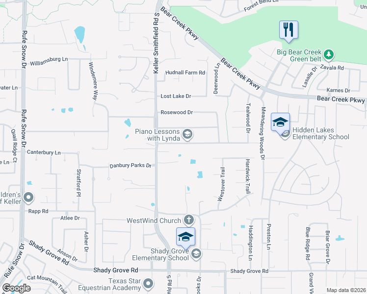 map of restaurants, bars, coffee shops, grocery stores, and more near 1512 Brentwood Trail in Keller