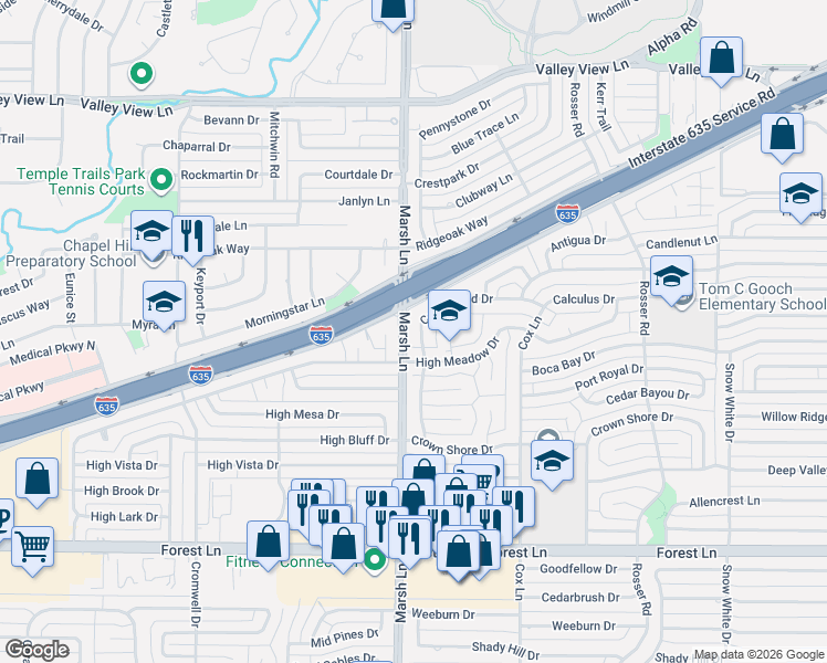 map of restaurants, bars, coffee shops, grocery stores, and more near 12311 Cedar Bend Drive in Dallas