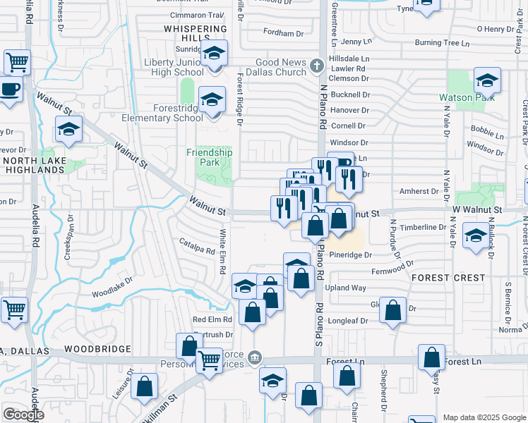 map of restaurants, bars, coffee shops, grocery stores, and more near 4729 West Walnut Street in Garland