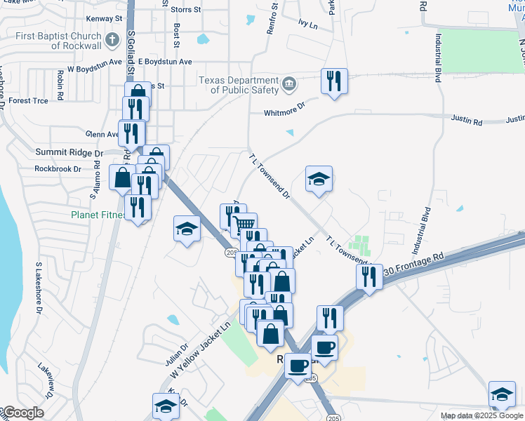 map of restaurants, bars, coffee shops, grocery stores, and more near 1196 T L Townsend Drive in Rockwall