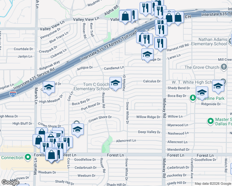 map of restaurants, bars, coffee shops, grocery stores, and more near 4030 Calculus Drive in Dallas