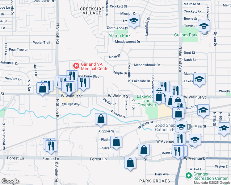 map of restaurants, bars, coffee shops, grocery stores, and more near 417 Stanton Drive in Garland