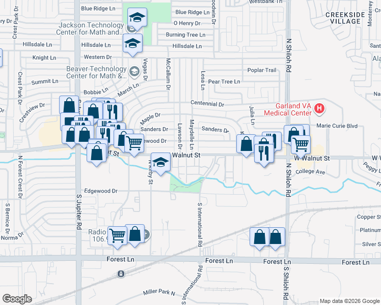 map of restaurants, bars, coffee shops, grocery stores, and more near 2914 West Walnut Street in Garland