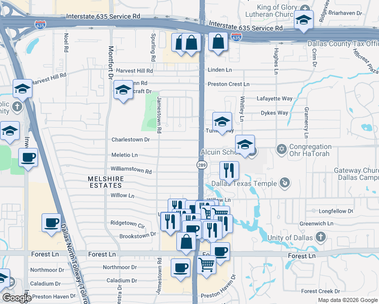 map of restaurants, bars, coffee shops, grocery stores, and more near 5980 Meletio Lane in Dallas