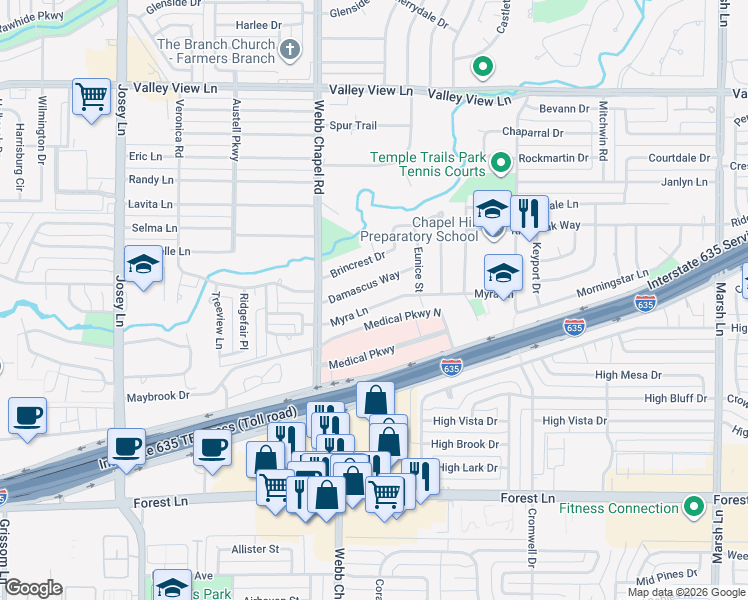 map of restaurants, bars, coffee shops, grocery stores, and more near 3134 Myra Lane in Farmers Branch