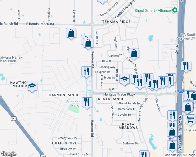 map of restaurants, bars, coffee shops, grocery stores, and more near 9620 Manassas Road in Fort Worth