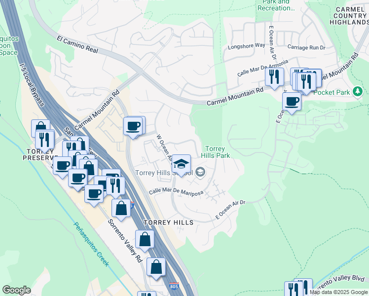 map of restaurants, bars, coffee shops, grocery stores, and more near 4123 Via Mar De Delfinas in San Diego