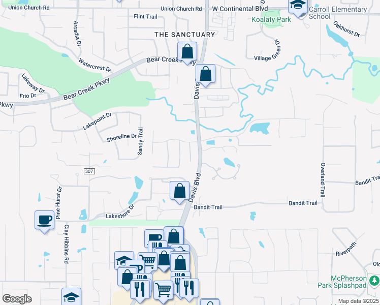 map of restaurants, bars, coffee shops, grocery stores, and more near Saint George Court in Keller