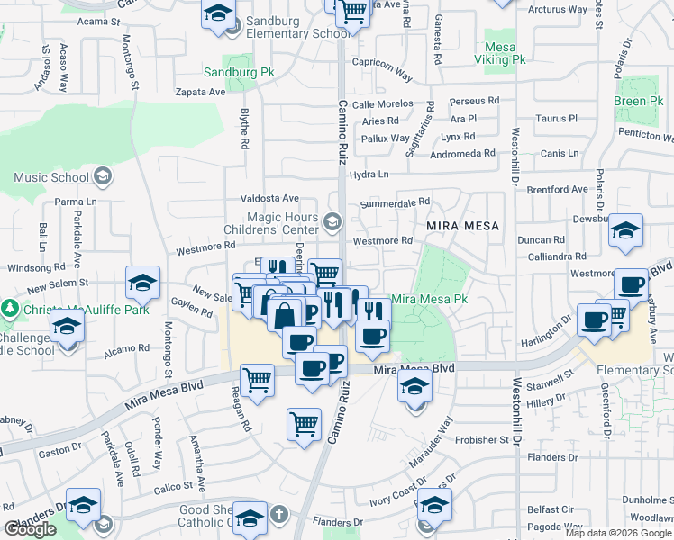 map of restaurants, bars, coffee shops, grocery stores, and more near 10842 Camino Ruiz in San Diego