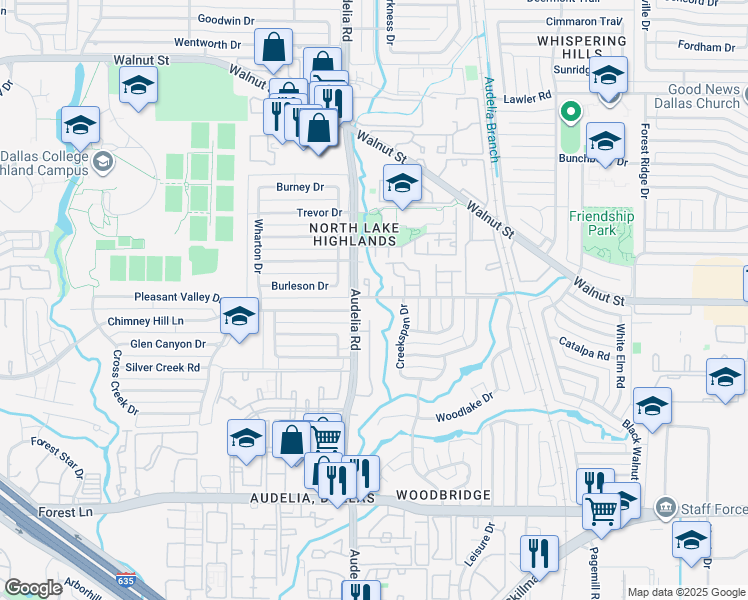 map of restaurants, bars, coffee shops, grocery stores, and more near 9855 Shadow Way in Dallas