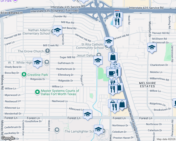 map of restaurants, bars, coffee shops, grocery stores, and more near 4922 Ellensburg Drive in Dallas