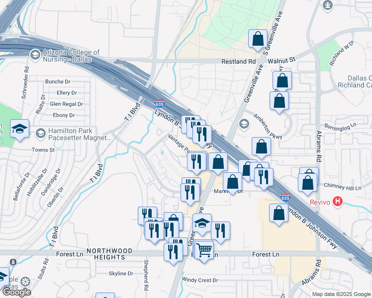 map of restaurants, bars, coffee shops, grocery stores, and more near Vantage Point Drive in Dallas