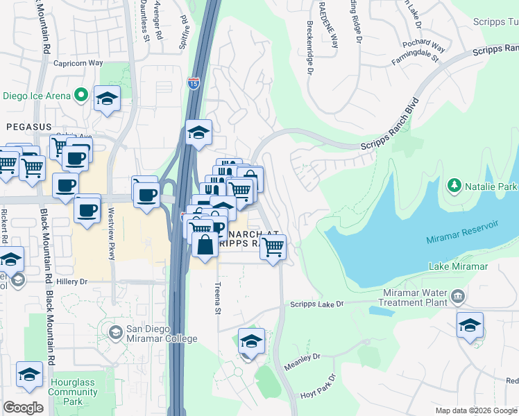 map of restaurants, bars, coffee shops, grocery stores, and more near Mira Mesa Boulevard & Scripps Ranch Boulevard in San Diego