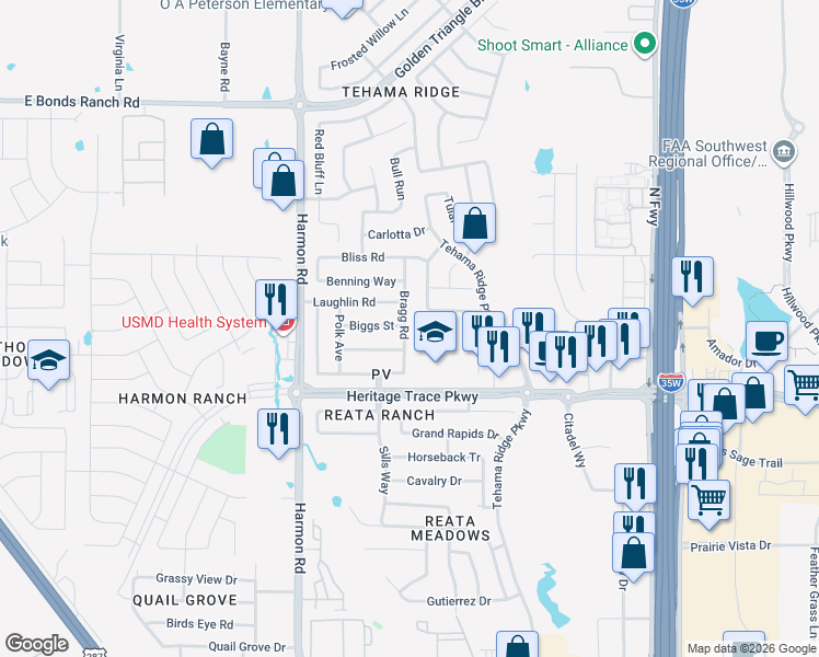 map of restaurants, bars, coffee shops, grocery stores, and more near 9708 Bragg Road in Fort Worth