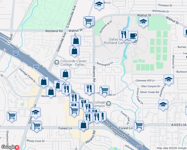 map of restaurants, bars, coffee shops, grocery stores, and more near 12363 Abrams Road in Dallas