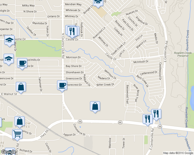 map of restaurants, bars, coffee shops, grocery stores, and more near 1506 Madera Drive in Garland