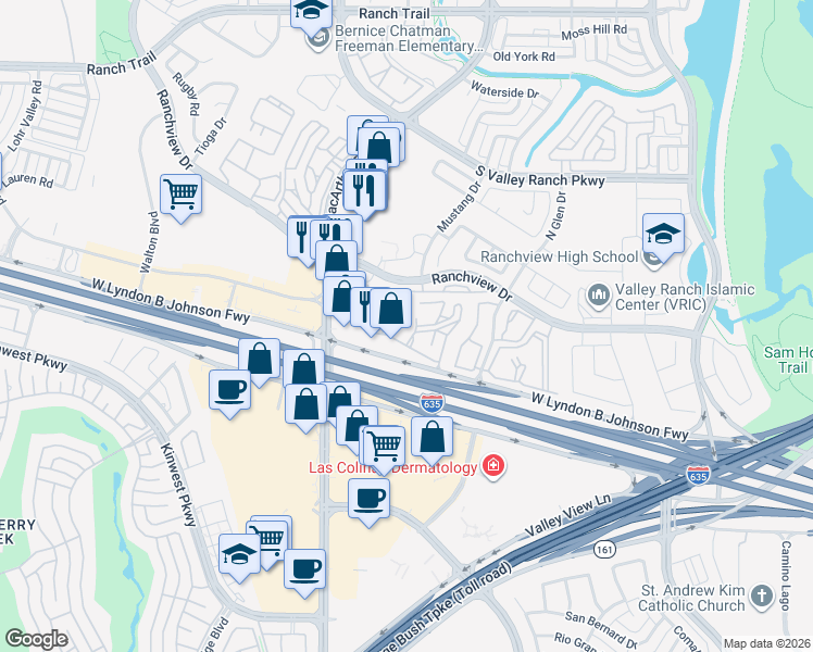 map of restaurants, bars, coffee shops, grocery stores, and more near 720 Rockingham Drive in Irving